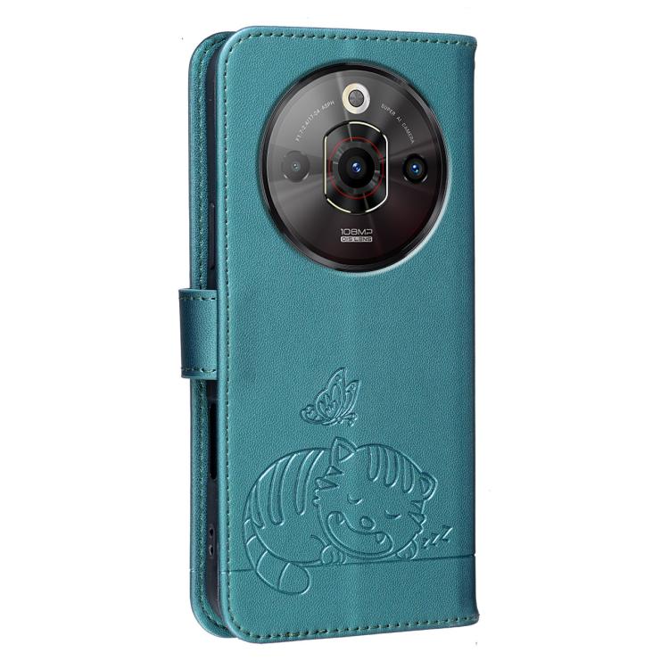 For ZTE nubia Focus Pro Cat Butterfly Embossed RFID Vegan Leather Phone Case with Strap