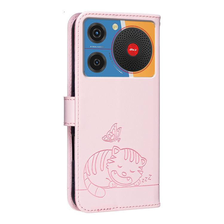 For ZTE nubia Music / Z2353 Cat Butterfly Embossed RFID Vegan Leather Phone Case with Strap