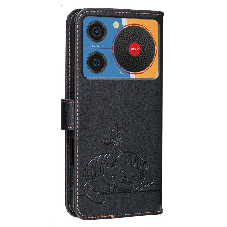 For ZTE nubia Music / Z2353 Cat Butterfly Embossed RFID Vegan Leather Phone Case with Strap