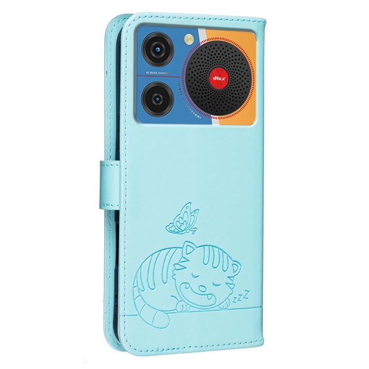 For ZTE nubia Music / Z2353 Cat Butterfly Embossed RFID Vegan Leather Phone Case with Strap