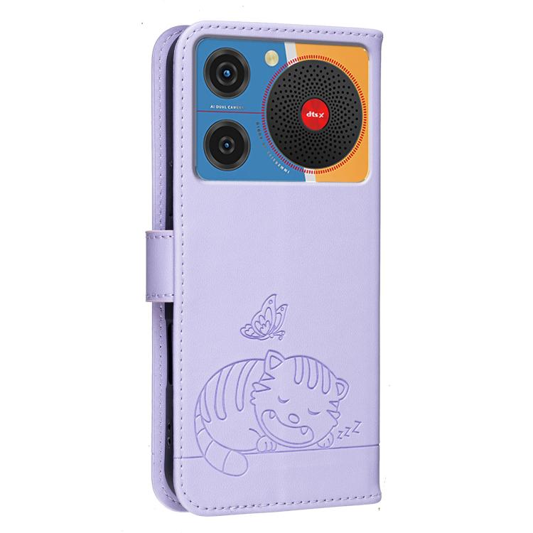 For ZTE nubia Music / Z2353 Cat Butterfly Embossed RFID Vegan Leather Phone Case with Strap