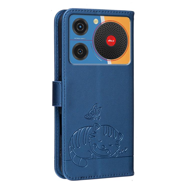 For ZTE nubia Music / Z2353 Cat Butterfly Embossed RFID Vegan Leather Phone Case with Strap
