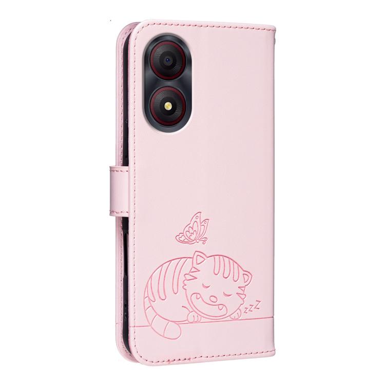 For ZTE Blade A34 Cat Butterfly Embossed RFID Vegan Leather Phone Case with Strap