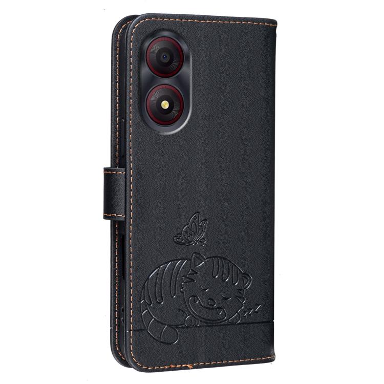For ZTE Blade A34 Cat Butterfly Embossed RFID Vegan Leather Phone Case with Strap