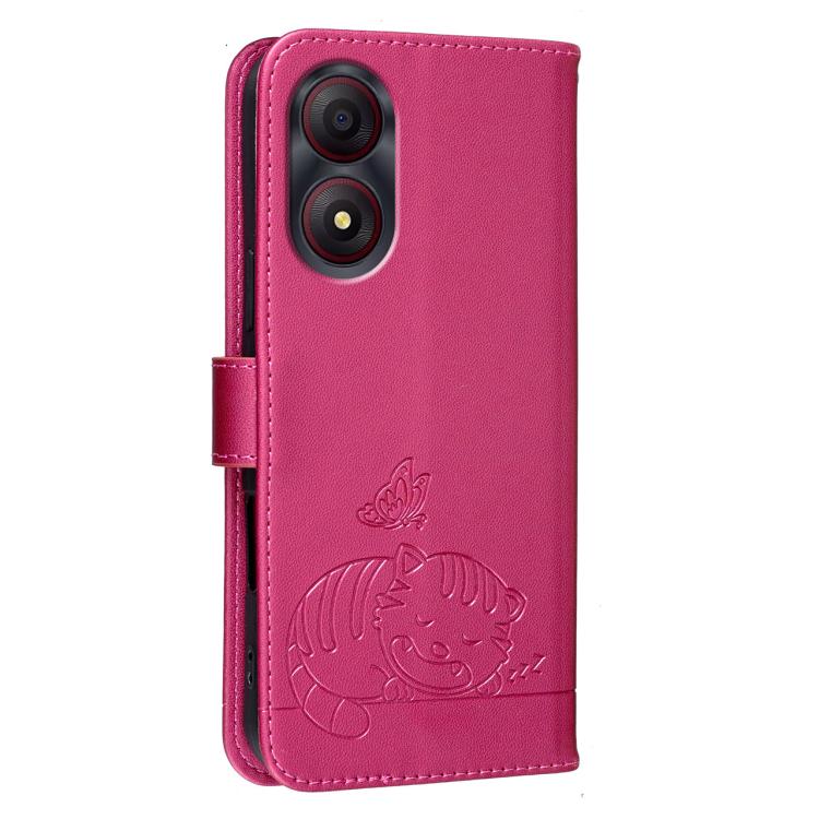 For ZTE Blade A34 Cat Butterfly Embossed RFID Vegan Leather Phone Case with Strap