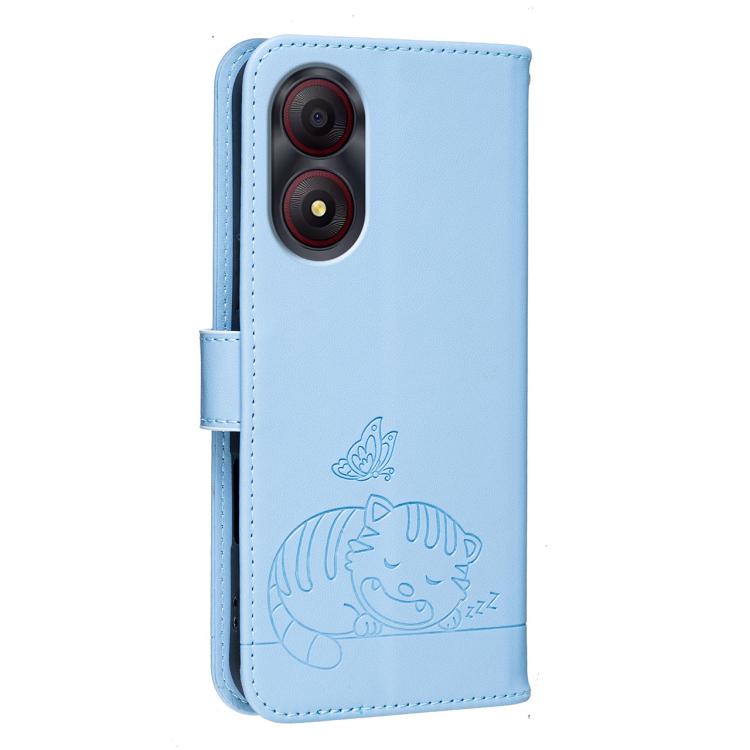 For ZTE Blade A34 Cat Butterfly Embossed RFID Vegan Leather Phone Case with Strap