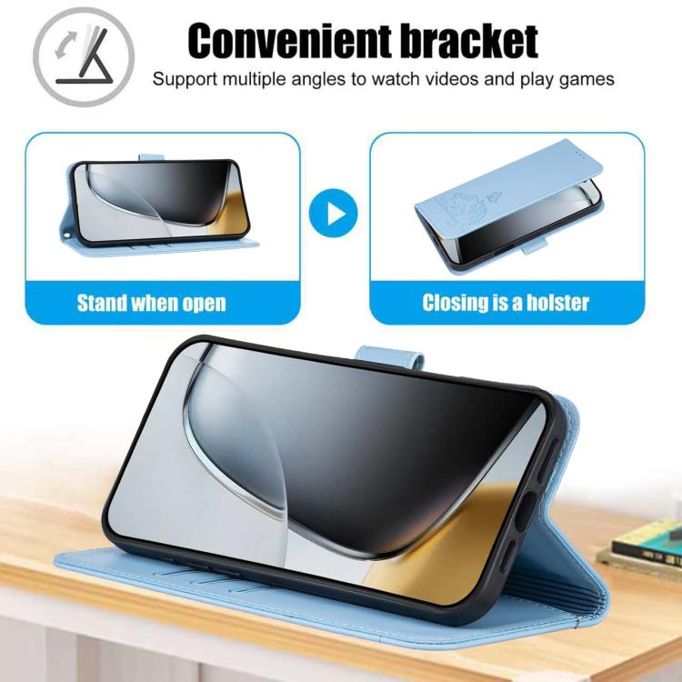 For ZTE Blade A34 Cat Butterfly Embossed RFID Vegan Leather Phone Case with Strap