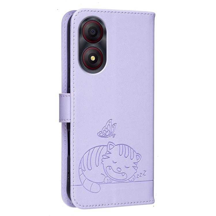 For ZTE Blade A34 Cat Butterfly Embossed RFID Vegan Leather Phone Case with Strap