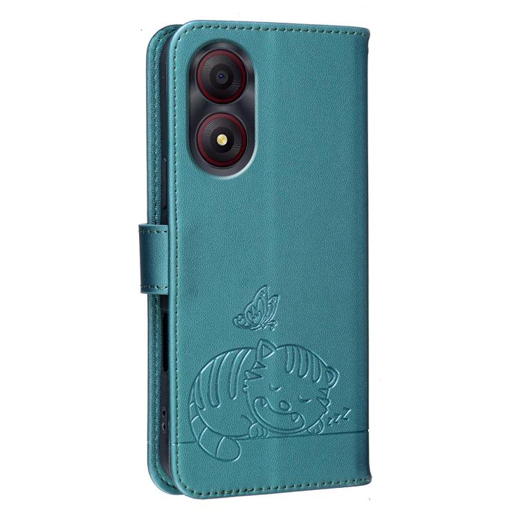 For ZTE Blade A34 Cat Butterfly Embossed RFID Vegan Leather Phone Case with Strap