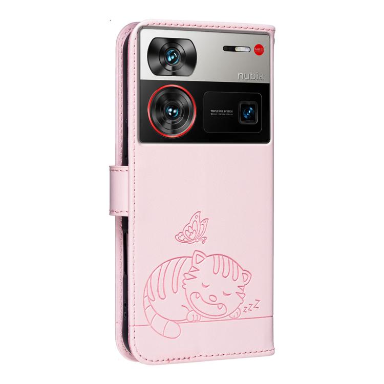 For ZTE nubia Z60 Ultra Cat Butterfly Embossed RFID Vegan Leather Phone Case with Strap