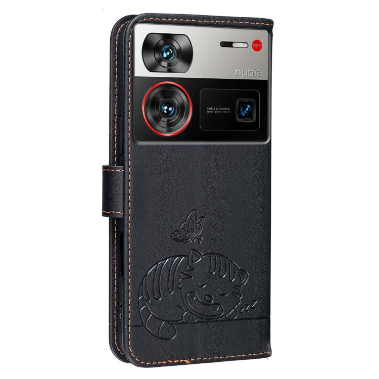 For ZTE nubia Z60 Ultra Cat Butterfly Embossed RFID Vegan Leather Phone Case with Strap