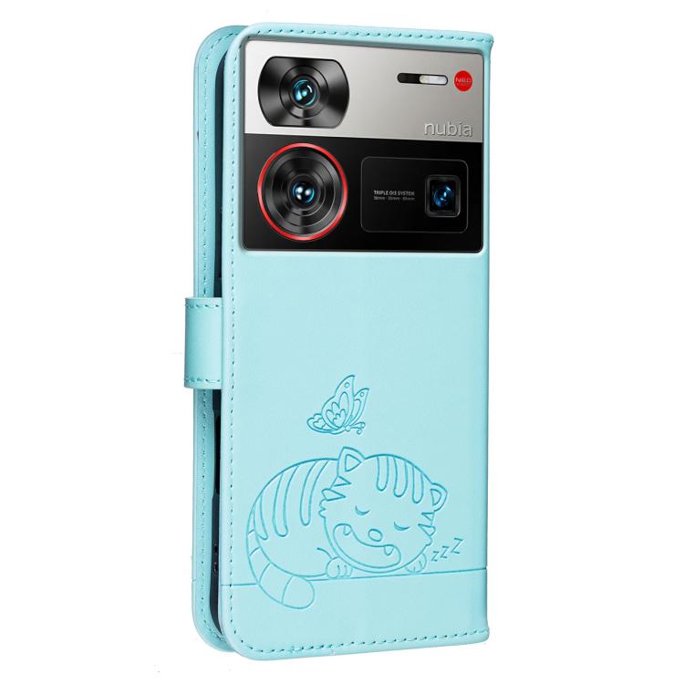For ZTE nubia Z60 Ultra Cat Butterfly Embossed RFID Vegan Leather Phone Case with Strap