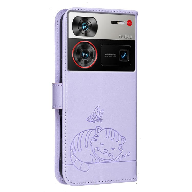 For ZTE nubia Z60 Ultra Cat Butterfly Embossed RFID Vegan Leather Phone Case with Strap