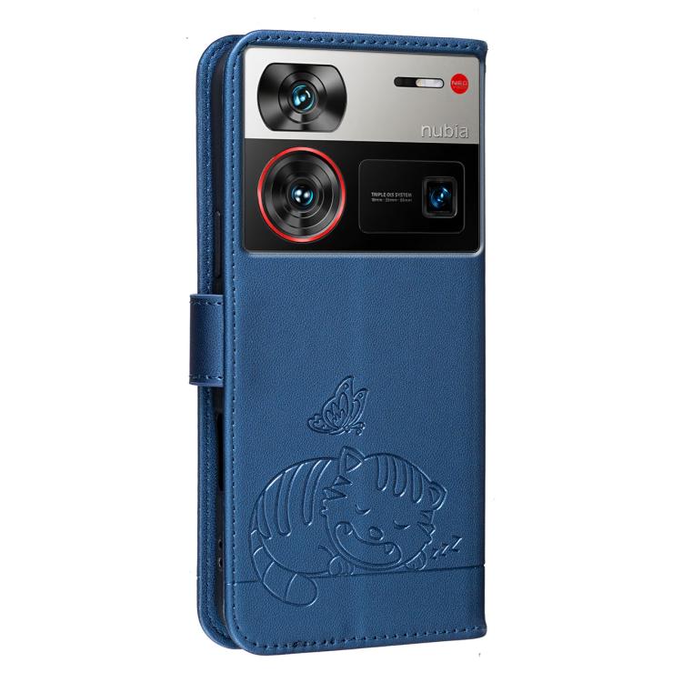 For ZTE nubia Z60 Ultra Cat Butterfly Embossed RFID Vegan Leather Phone Case with Strap