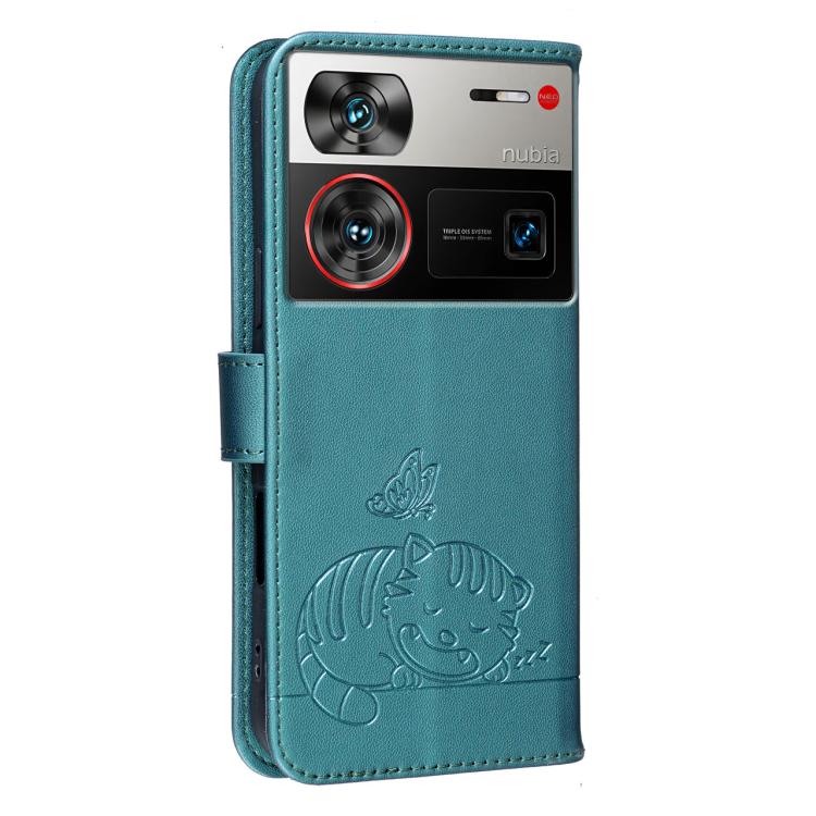For ZTE nubia Z60 Ultra Cat Butterfly Embossed RFID Vegan Leather Phone Case with Strap