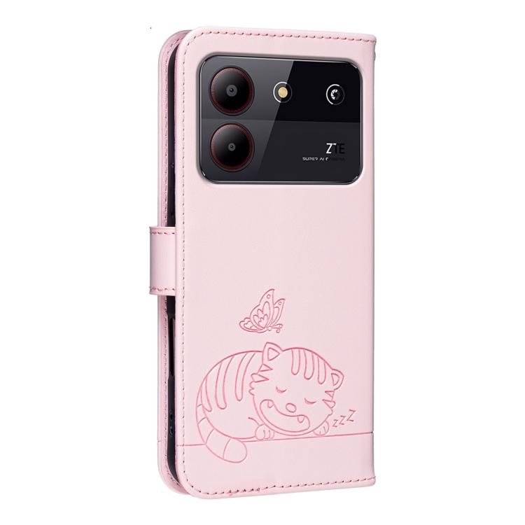 For ZTE Blade A54 Cat Butterfly Embossed RFID Vegan Leather Phone Case with Strap