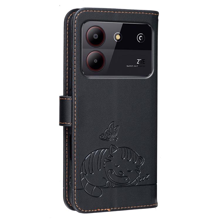 For ZTE Blade A54 Cat Butterfly Embossed RFID Vegan Leather Phone Case with Strap