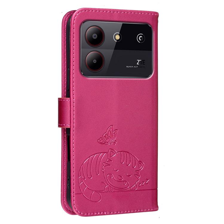 For ZTE Blade A54 Cat Butterfly Embossed RFID Vegan Leather Phone Case with Strap