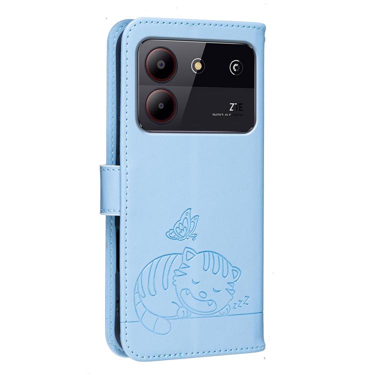 For ZTE Blade A54 Cat Butterfly Embossed RFID Vegan Leather Phone Case with Strap