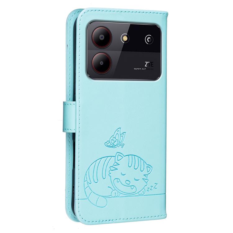 For ZTE Blade A54 Cat Butterfly Embossed RFID Vegan Leather Phone Case with Strap