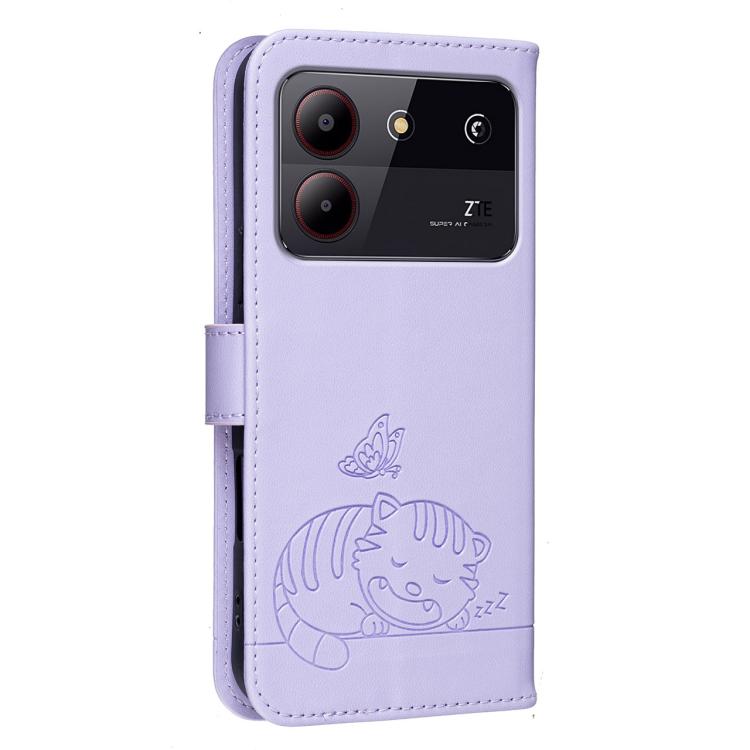 For ZTE Blade A54 Cat Butterfly Embossed RFID Vegan Leather Phone Case with Strap