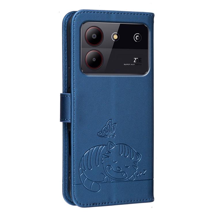 For ZTE Blade A54 Cat Butterfly Embossed RFID Vegan Leather Phone Case with Strap