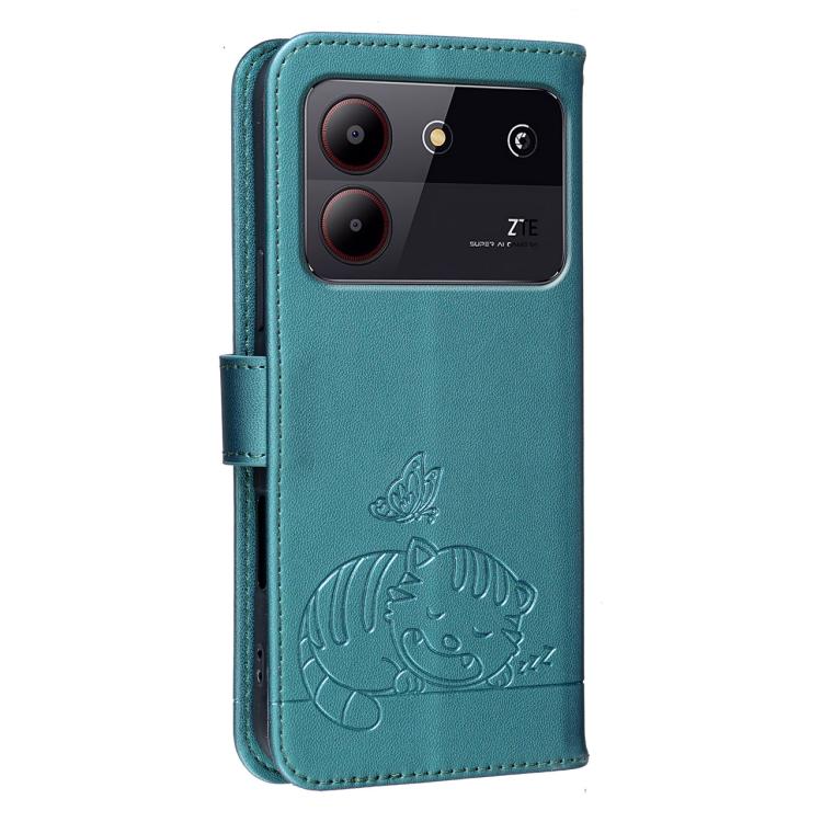 For ZTE Blade A54 Cat Butterfly Embossed RFID Vegan Leather Phone Case with Strap