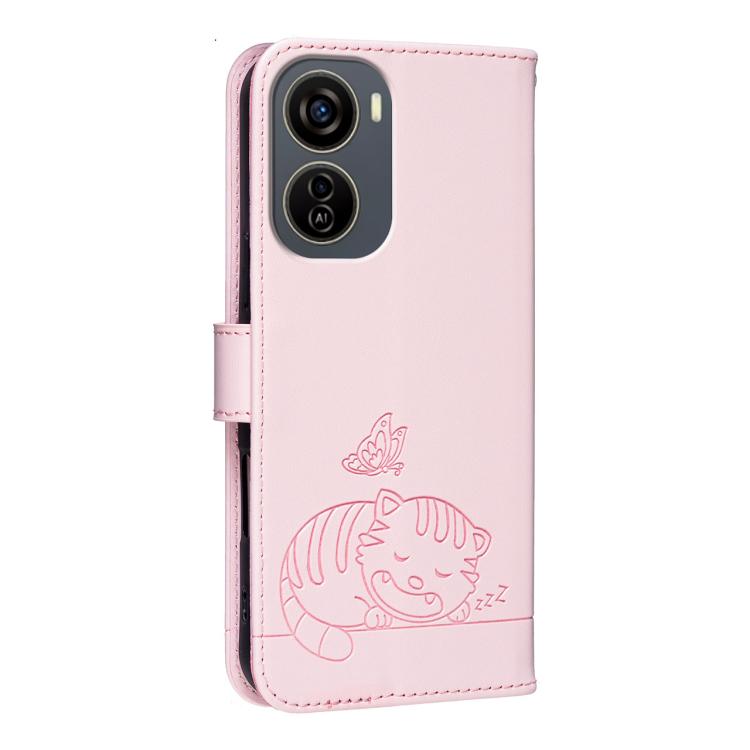 For ZTE Blade V50 Design Cat Butterfly Embossed RFID Vegan Leather Phone Case with Strap