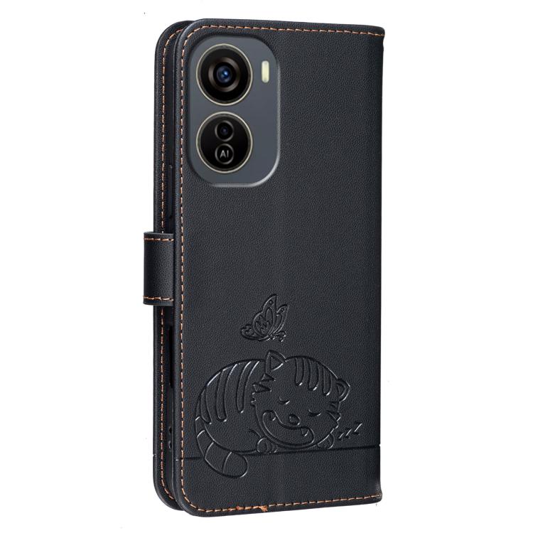 For ZTE Blade V50 Design Cat Butterfly Embossed RFID Vegan Leather Phone Case with Strap