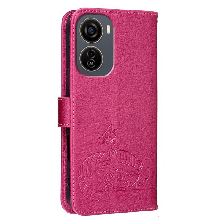 For ZTE Blade V50 Design Cat Butterfly Embossed RFID Vegan Leather Phone Case with Strap