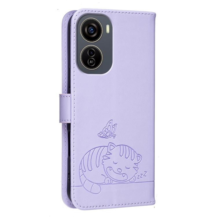 For ZTE Blade V50 Design Cat Butterfly Embossed RFID Vegan Leather Phone Case with Strap