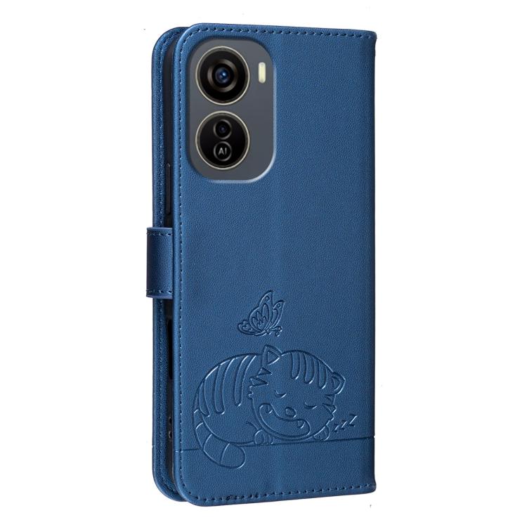 For ZTE Blade V50 Design Cat Butterfly Embossed RFID Vegan Leather Phone Case with Strap