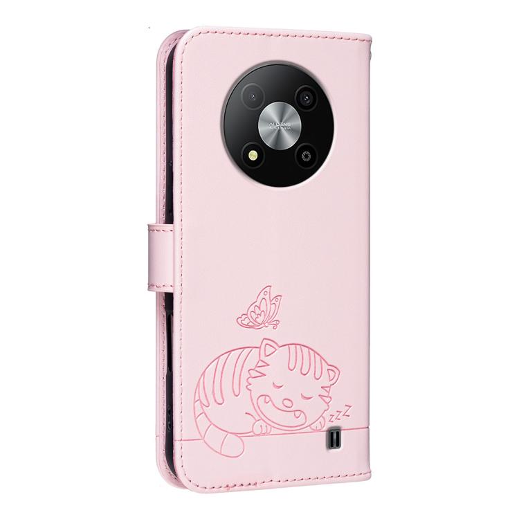 For ZTE Blade A73 5G Cat Butterfly Embossed RFID Vegan Leather Phone Case with Strap