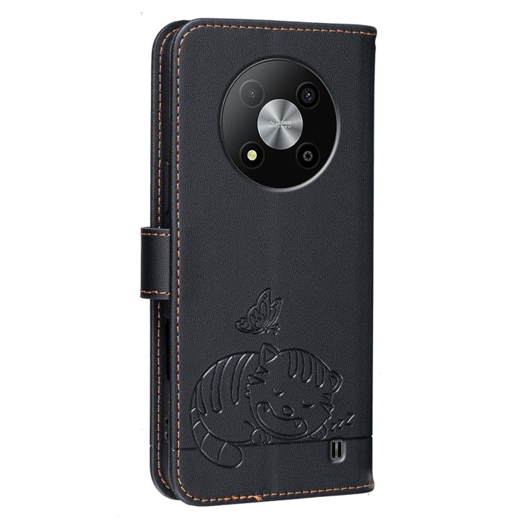 For ZTE Blade A73 5G Cat Butterfly Embossed RFID Vegan Leather Phone Case with Strap