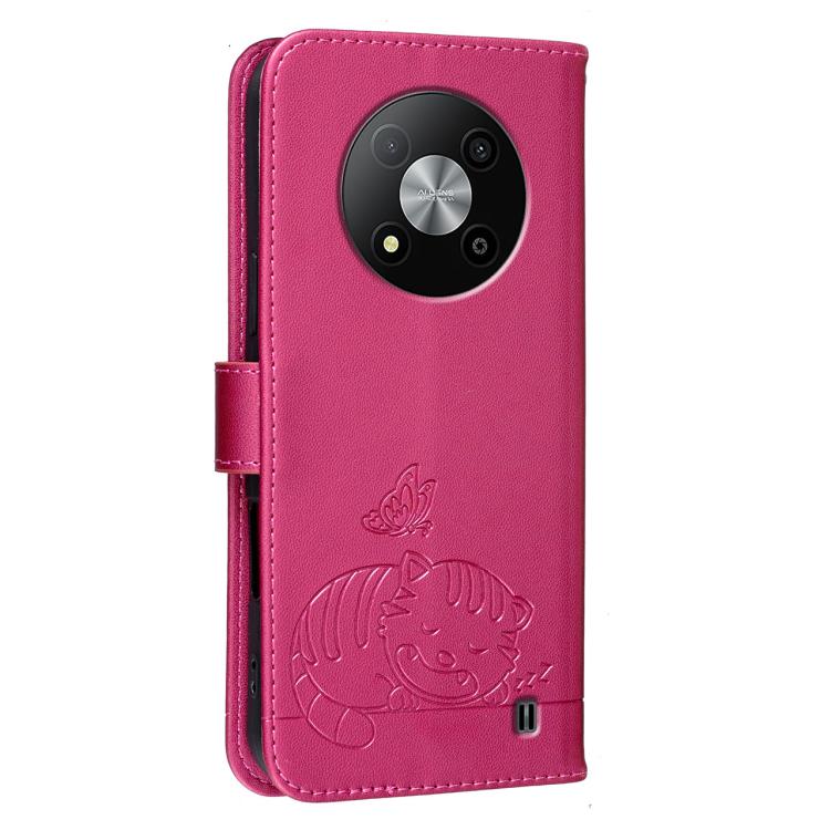 For ZTE Blade A73 5G Cat Butterfly Embossed RFID Vegan Leather Phone Case with Strap