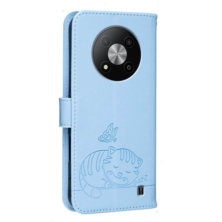 For ZTE Blade A73 5G Cat Butterfly Embossed RFID Vegan Leather Phone Case with Strap