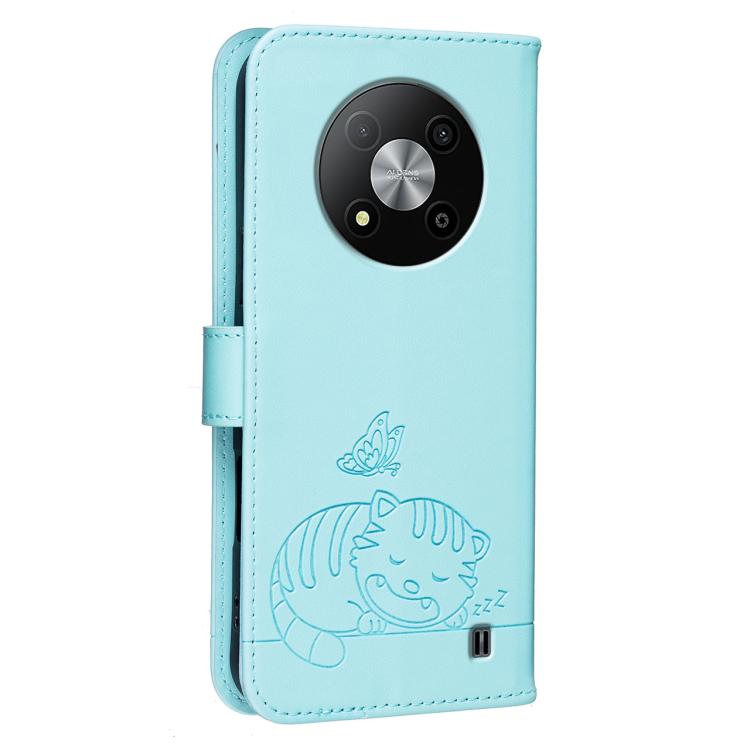 For ZTE Blade A73 5G Cat Butterfly Embossed RFID Vegan Leather Phone Case with Strap