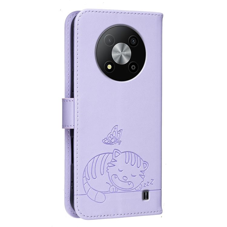 For ZTE Blade A73 5G Cat Butterfly Embossed RFID Vegan Leather Phone Case with Strap