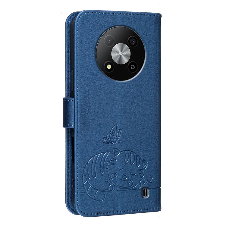 For ZTE Blade A73 5G Cat Butterfly Embossed RFID Vegan Leather Phone Case with Strap