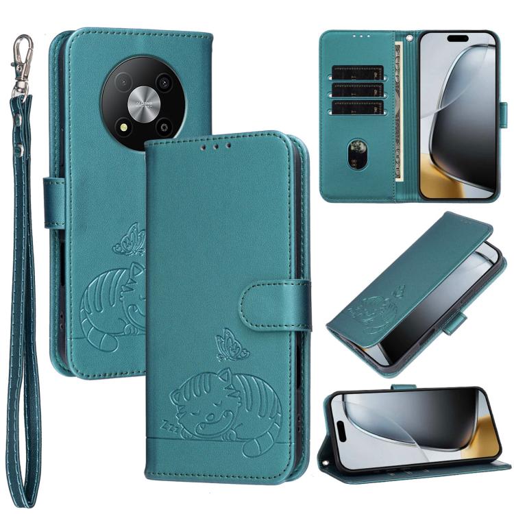 For ZTE Blade A73 5G Cat Butterfly Embossed RFID Vegan Leather Phone Case with Strap
