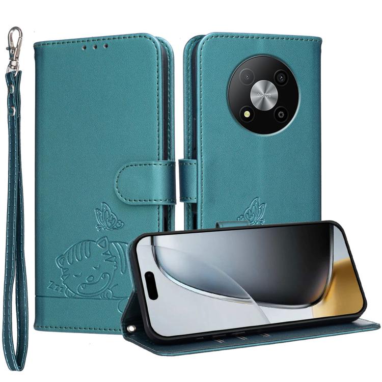 For ZTE Blade A73 5G Cat Butterfly Embossed RFID Vegan Leather Phone Case with Strap