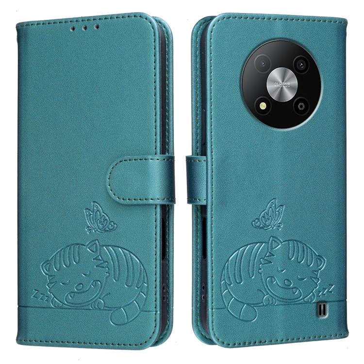 For ZTE Blade A73 5G Cat Butterfly Embossed RFID Vegan Leather Phone Case with Strap