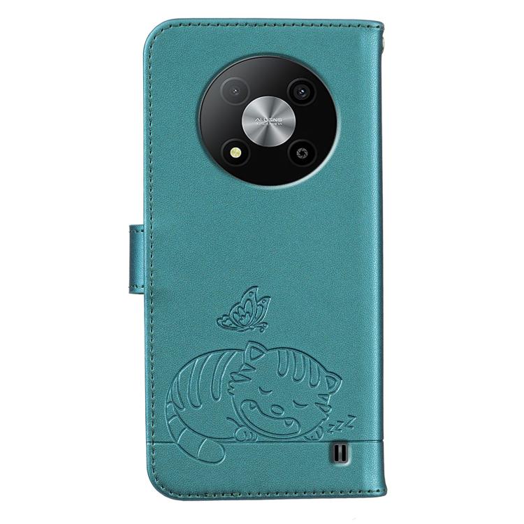 For ZTE Blade A73 5G Cat Butterfly Embossed RFID Vegan Leather Phone Case with Strap