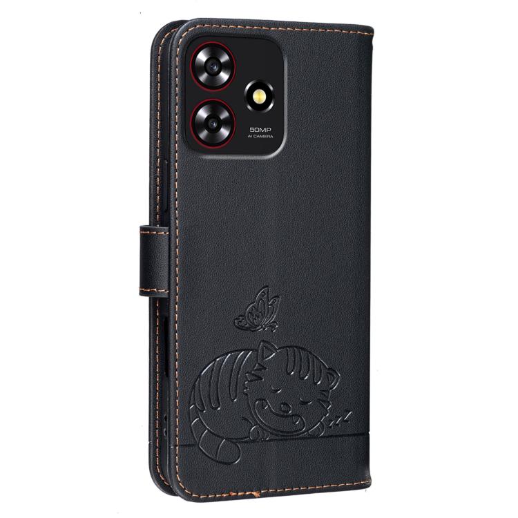 For ZTE Blade A73 4G Cat Butterfly Embossed RFID Vegan Leather Phone Case with Strap