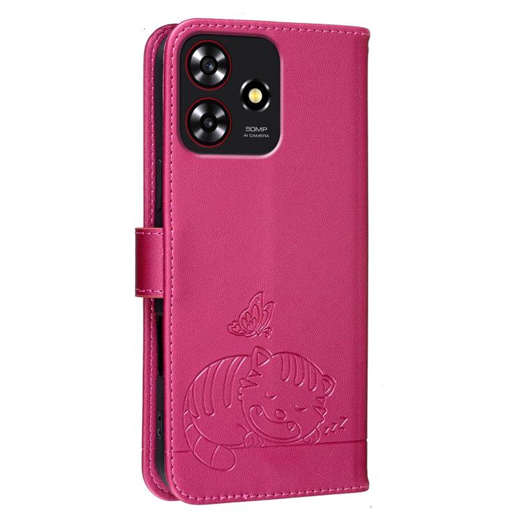 For ZTE Blade A73 4G Cat Butterfly Embossed RFID Vegan Leather Phone Case with Strap