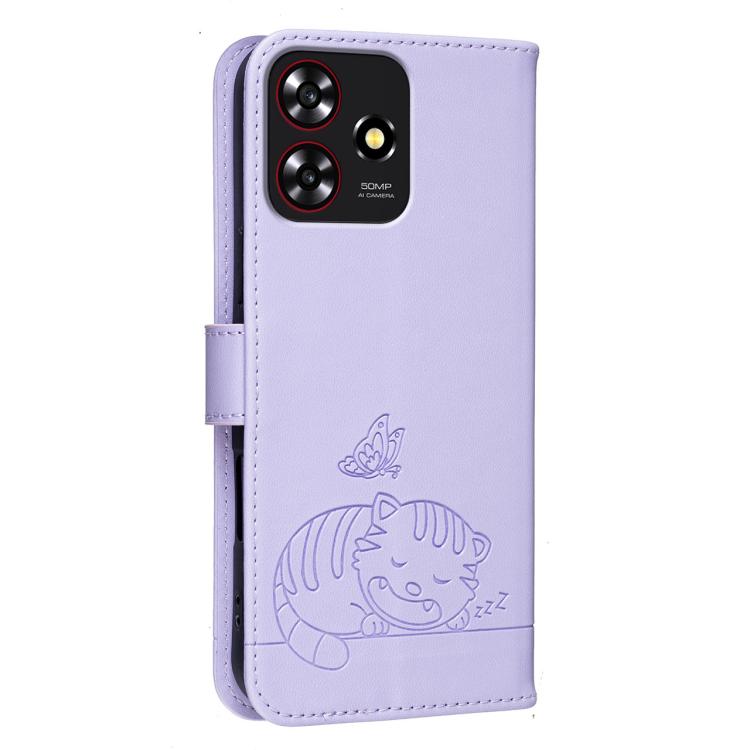 For ZTE Blade A73 4G Cat Butterfly Embossed RFID Vegan Leather Phone Case with Strap