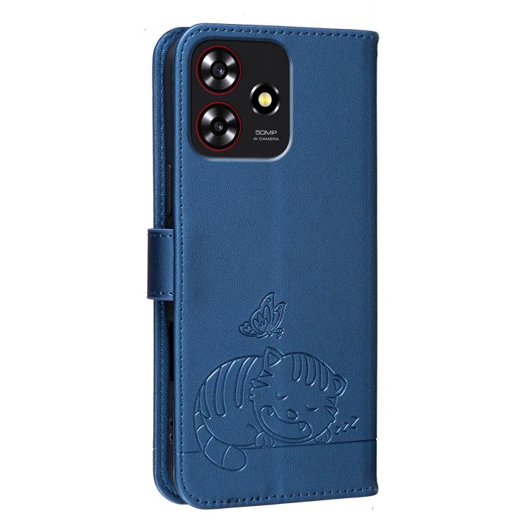 For ZTE Blade A73 4G Cat Butterfly Embossed RFID Vegan Leather Phone Case with Strap
