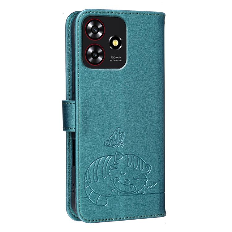 For ZTE Blade A73 4G Cat Butterfly Embossed RFID Vegan Leather Phone Case with Strap