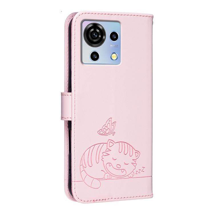 For ZTE Blade V50 vita Cat Butterfly Embossed RFID Vegan Leather Phone Case with Strap