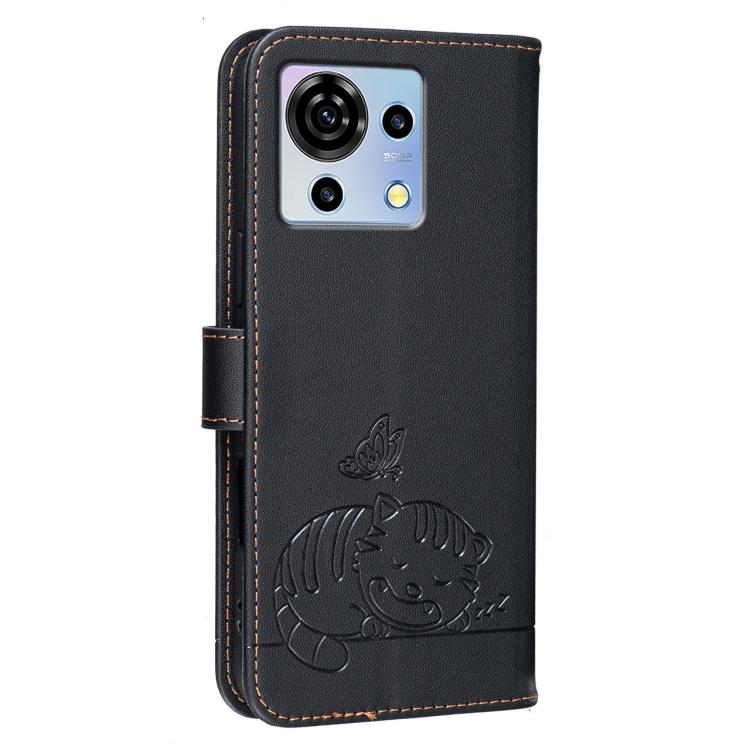For ZTE Blade V50 vita Cat Butterfly Embossed RFID Vegan Leather Phone Case with Strap